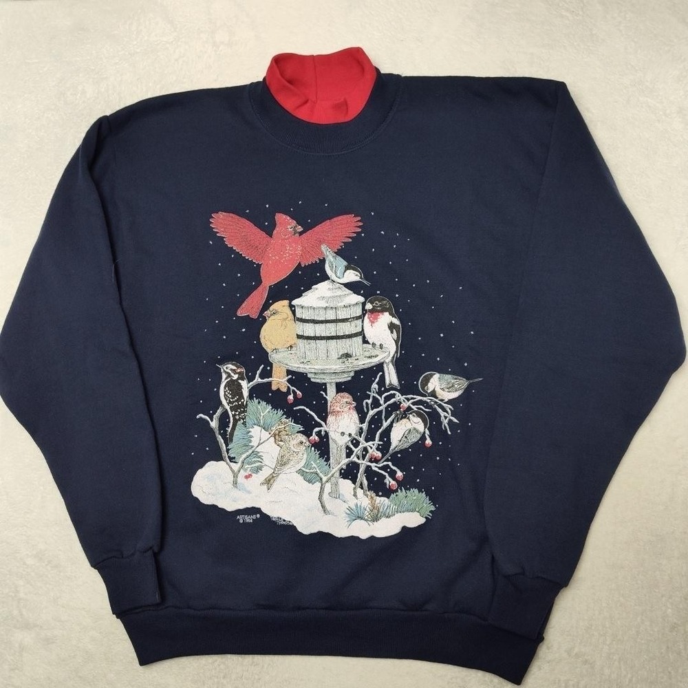 Vintage Lee Women M Blue Artisans Cardinal Birds 90s Mock Neck Tenelle Thompson